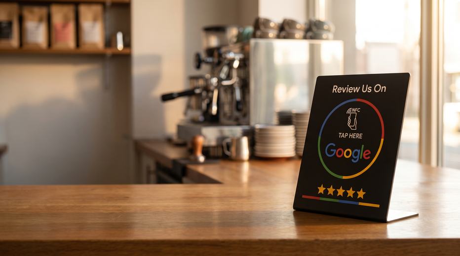NFC стойка за Google ревюта, поставена на плот в търговски обект