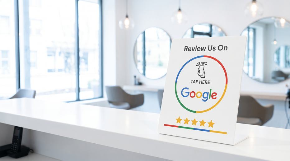 NFC стойка за Google ревюта, поставена на плот в търговски обект