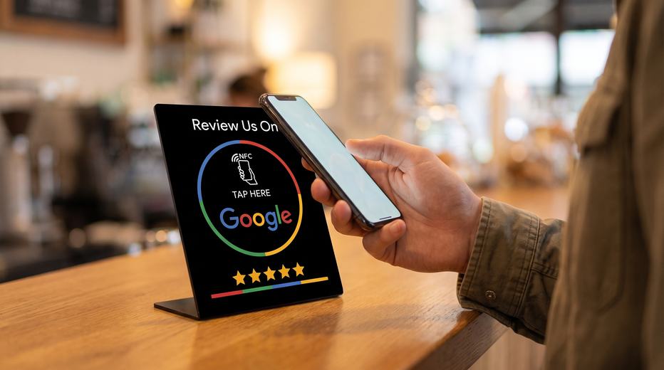 NFC стойка за Google ревюта, поставена на плот в търговски обект