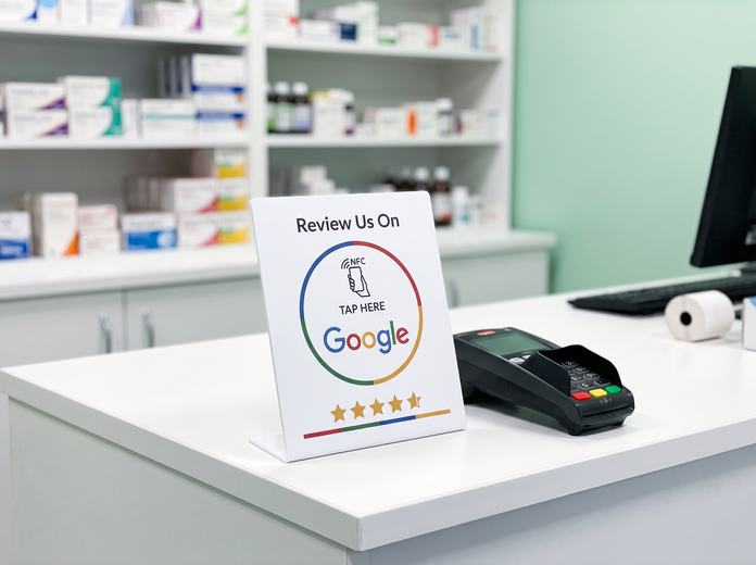 NFC стойка за Google ревюта, поставена на плот в търговски обект
