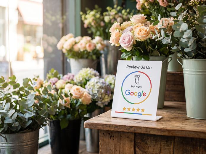NFC стойка за Google ревюта, поставена на плот в търговски обект