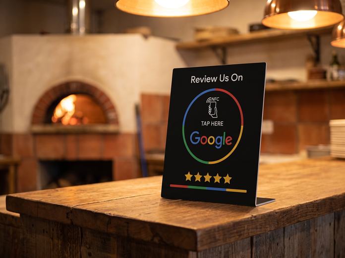 NFC стойка за Google ревюта, поставена на плот в търговски обект