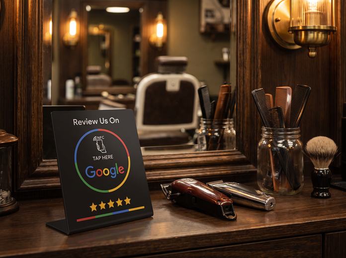 NFC стойка за Google ревюта, поставена на плот в търговски обект