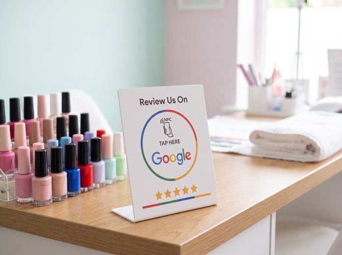 NFC стойка за Google ревюта, поставена на плот в търговски обект