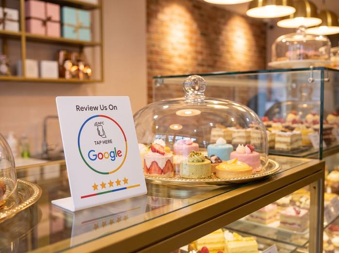 NFC стойка за Google ревюта, поставена на плот в търговски обект